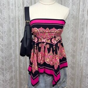 Y2K Moda International 100% Silk Handkerchief Strapless‎ Top Pink Black Women XS
